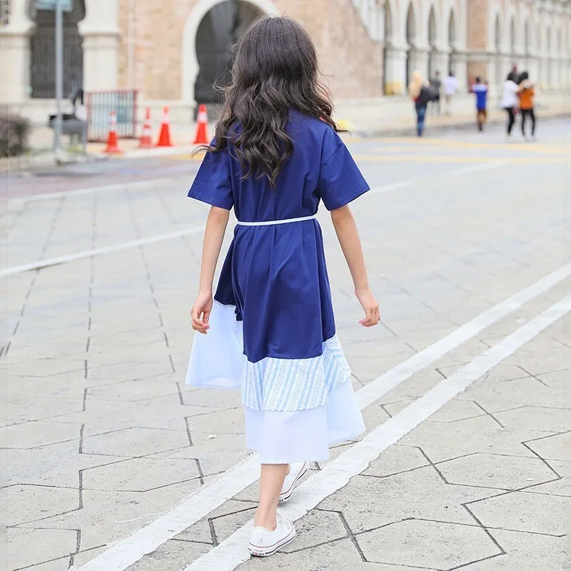 England Style White Blue Ruffles Patchwork A Line Dresses For Baby Big Girls Belt Knee Length Cotton Summer Party Dress Clothes | Детская