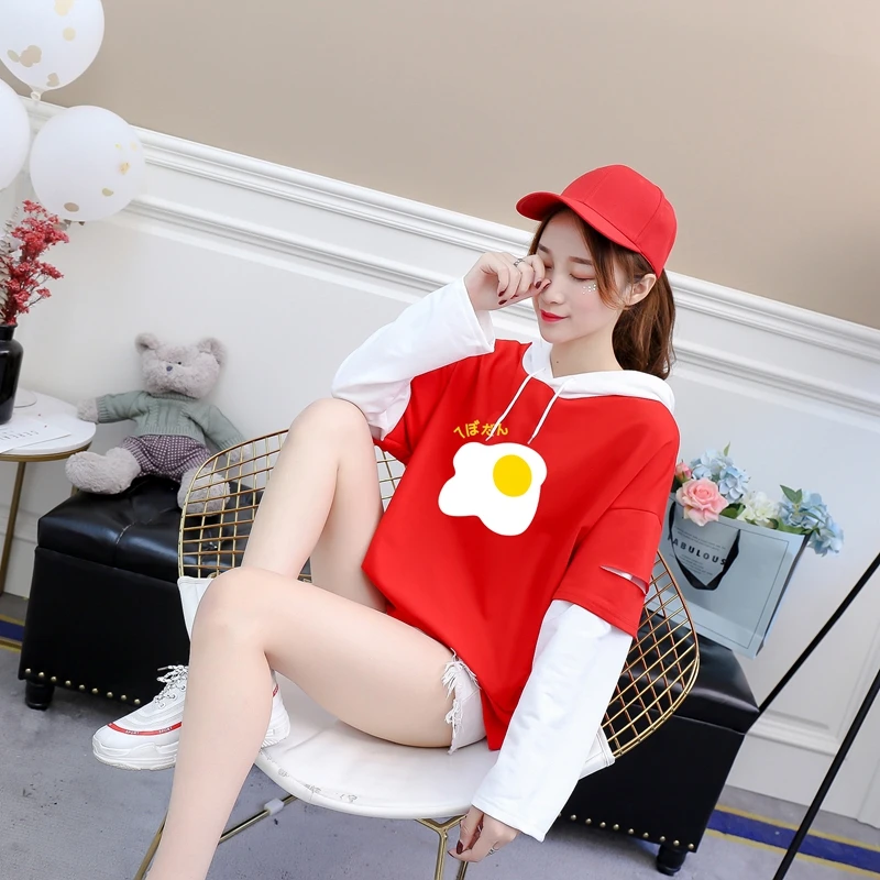

2018 Fashion Harajuku T Shirt Women Kawaii Funny Omelette Printed Hip Hop T-Shirt Cotton Long Sleeve Korean Fake Two Pieces Tops