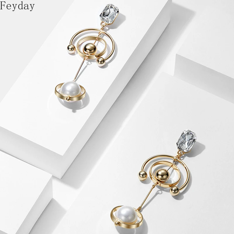 

New Fashion Geometric Multi Circle Simulated Pearl Long Drop Earrings for Women Square Crystal Gold Ball Dangle Earrings 2020
