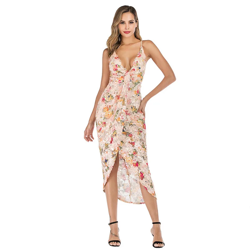 Chinese Long Print Floral Paisley Dress Women Summer 2020 Celebrity Party Sequins Office Lady Slip Sexy V Ankle-length | Женская одежда