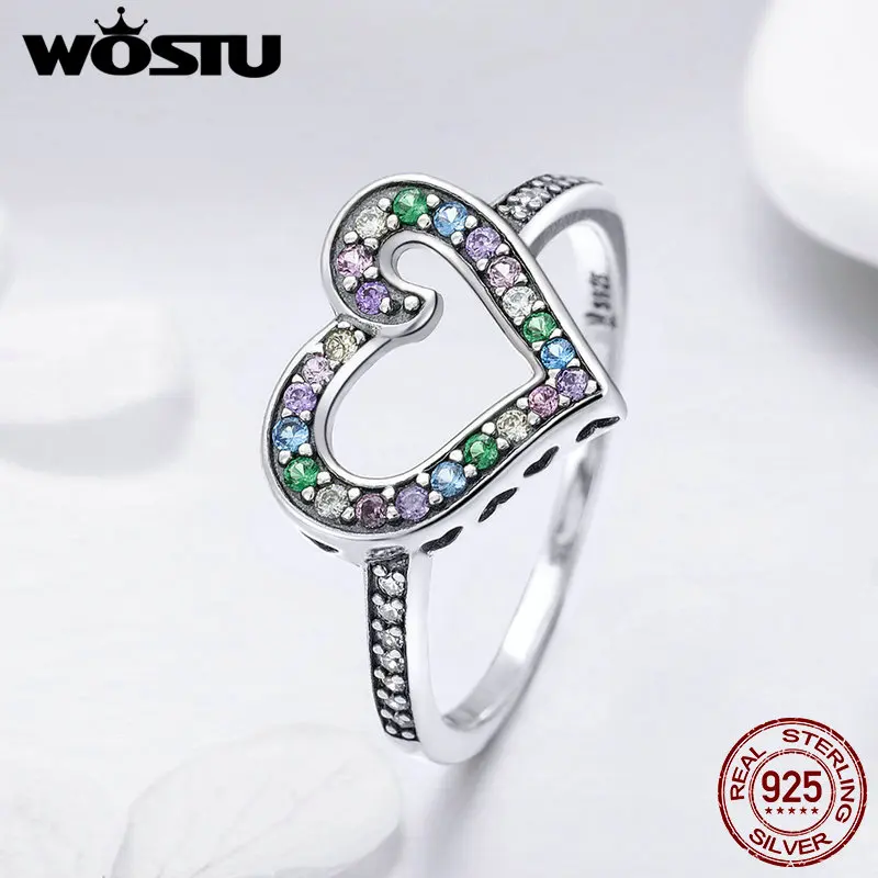 WOSTU 100% 925 пробы Серебряное красочное Радужное Сердце CZ болтающееся кольцо на