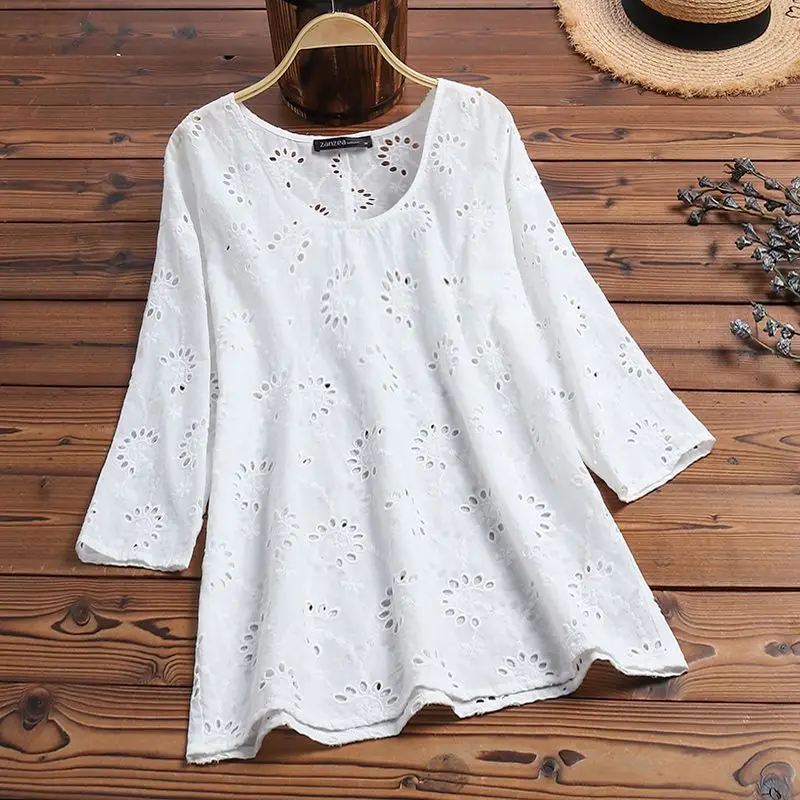 Белый ZANZEA Summer Embroidery Shirt Women Elegant V Neck 3/4 Sleeve Cotton Linen Tops Party Casual Blusas Vintage Work OL Blouse - Цвет: Белый