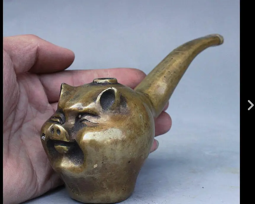 SHUN China Collect Bronze Zodiac Year Happy Pig Head Statue Pipe Holder Smoking Tools | Дом и сад