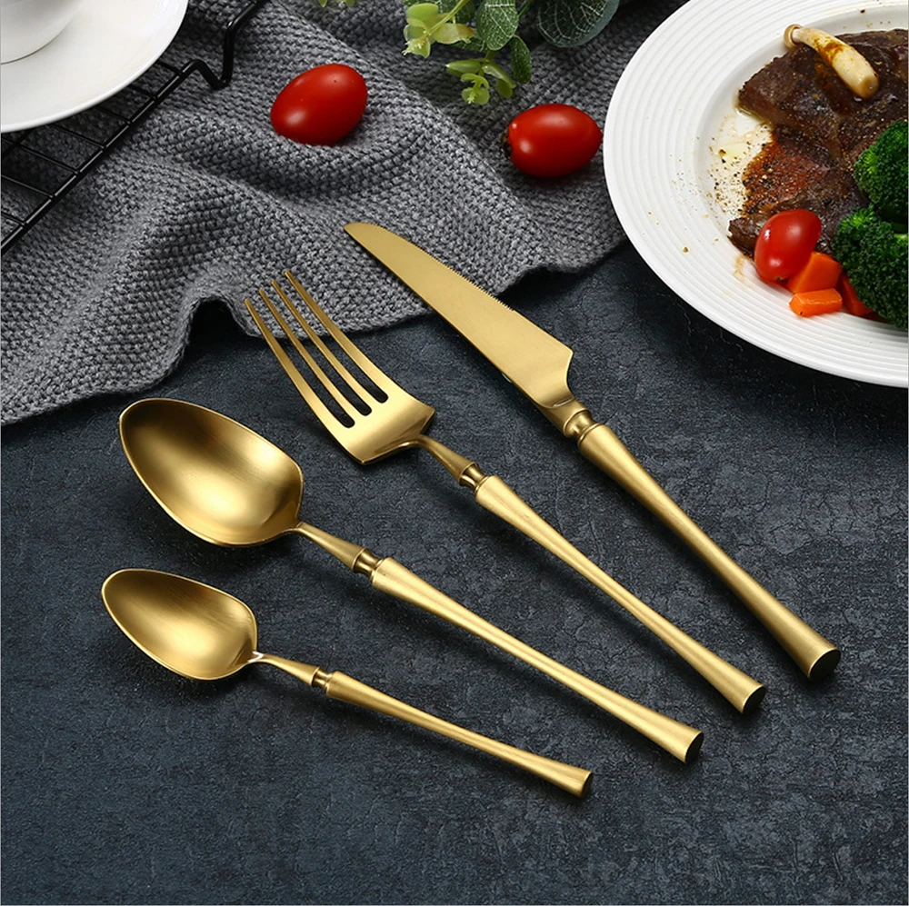

Hot Sale 4 Pcs Pure Gold Spindle type Dinnerware knife 304 Stainless Steel Cutlery Kitchen Tableware cuberterias acero inox Set