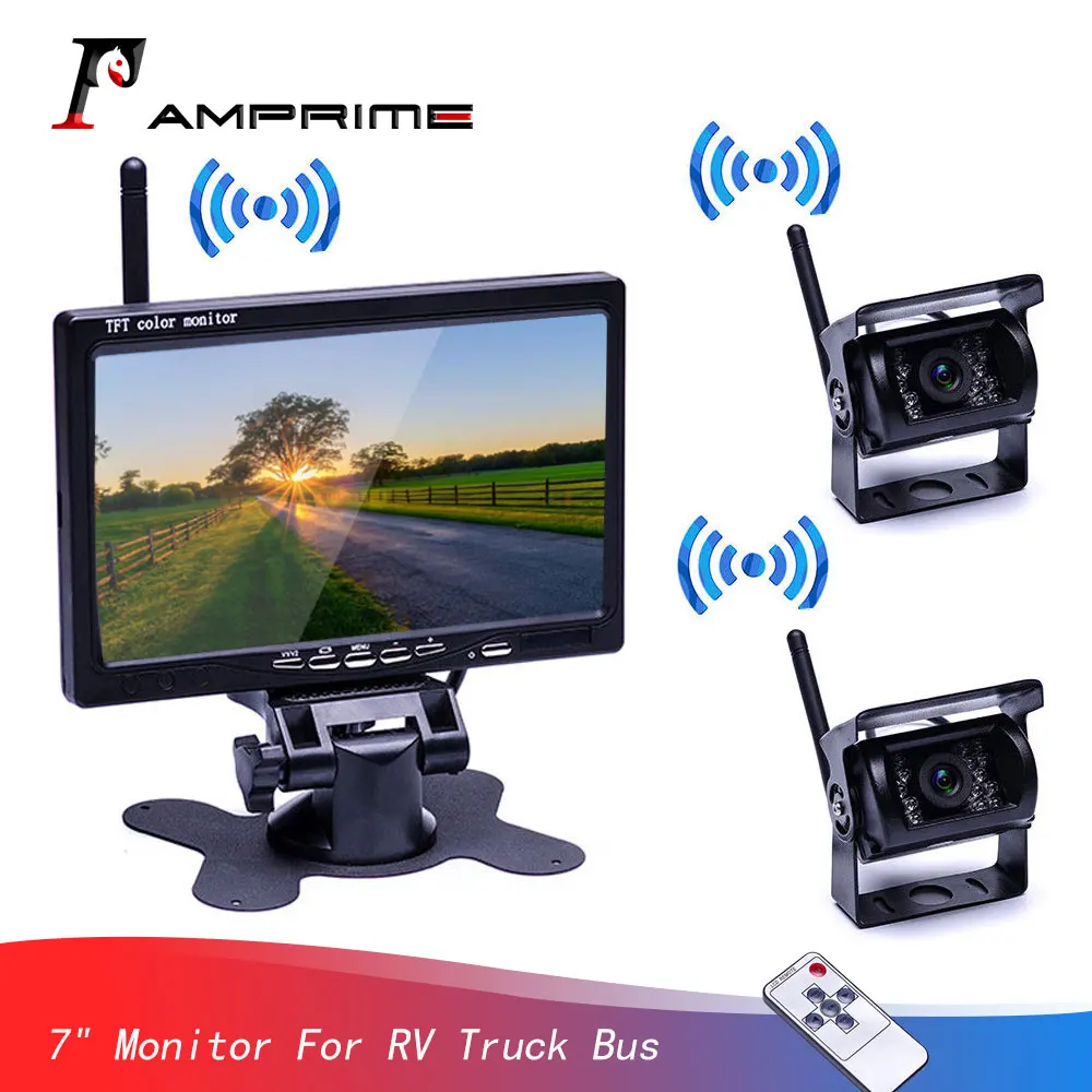 

AMprime Wireless 7" Monitor Waterproof Vehicle 2 Backup Camera Kit Reversing Monitor Parking Assistance For Bus Houseboat Truck