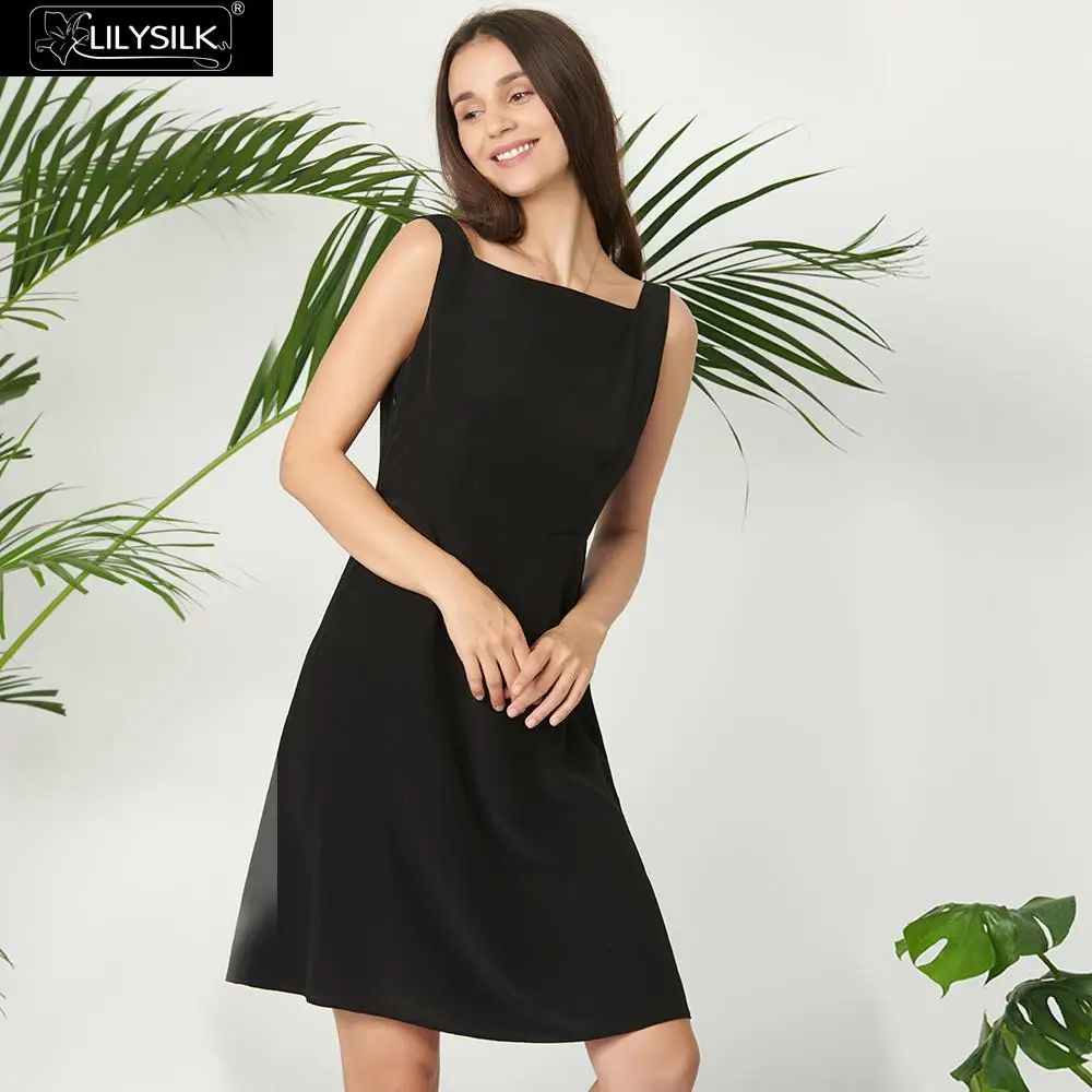 Платье LilySilk женское шелковое классическое черное платье с вырезом лодочкой