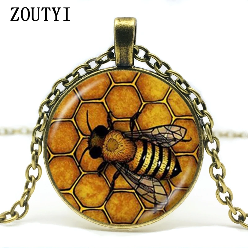 2018/ hot sale yellow queen bee necklace glass cabochon pendant silver chain necklace. | Украшения и аксессуары
