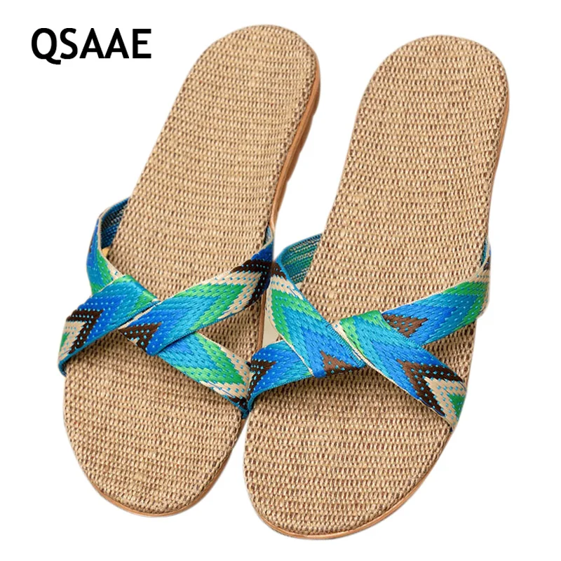 Шлепанцы унисекс льняные домашние тапки с перекрестными ремнями тихие для пота