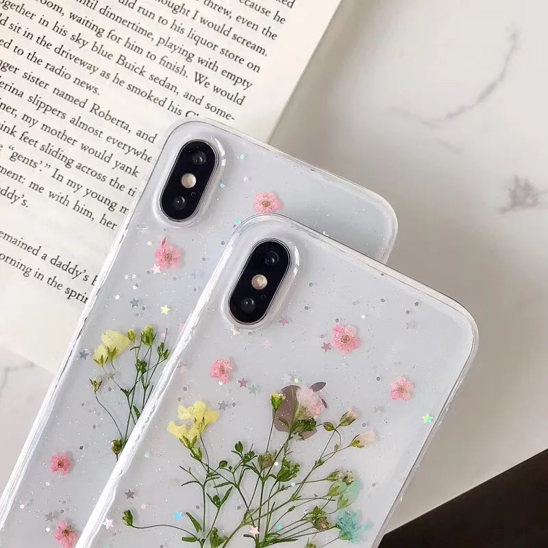 Чехол с высушенными настоящими цветами для iPhone X XS Max XR 6 6S 7 8 Plus прозрачная