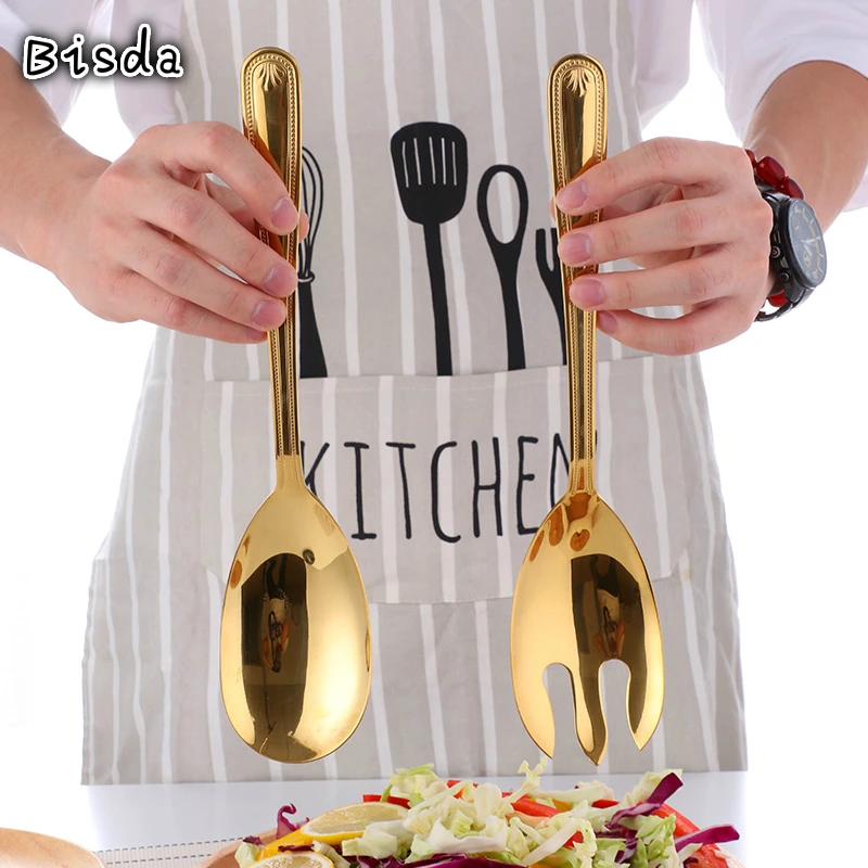 Big Salad Spoon Fork Set Stainless Steel Kitchen Food Server Pasta Utensils Public Gold Tableware Using Buffet Restaurant Tools