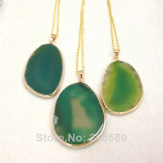 

H-QN101 Green Agat Druzy Geode Slice Pendant Necklace Gold Color Water Drop Natural Stone Pendant Chain Necklace