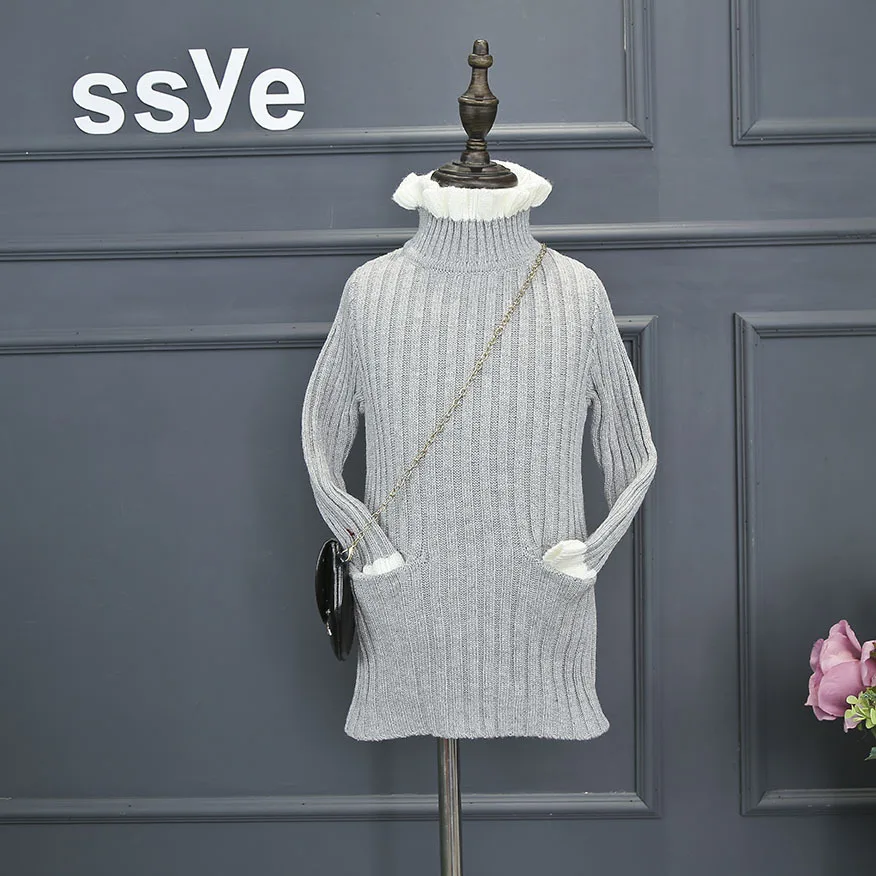 3 Color Baby Girl Ruffle Sleeve Turtleneck Long Style Knitting Sweater With Pocket Kids 2016 New Autumn Winter Thick Clothes 2-7 | Детская