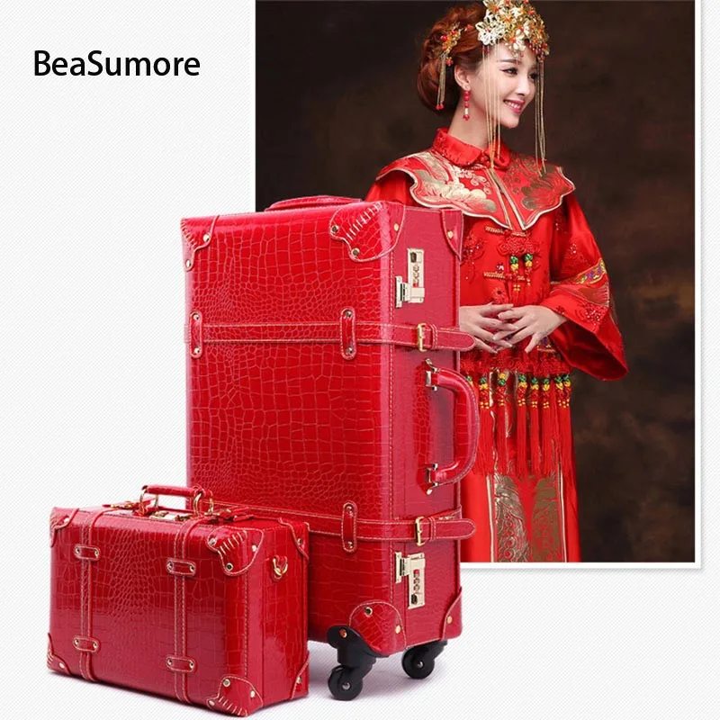 24 inch red 4 wheel BeaSumore Ретро Крокодил из искусственной кожи сумки на колёсиках наборы Spinner Для женщин пароль чемодан колеса 20 дюймов кабина винтаж тележка - Цвет: 24 inch red 4 wheel