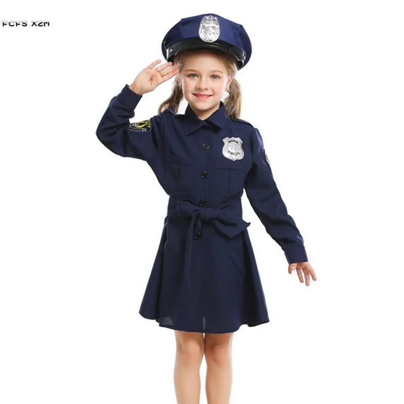 

XS-L Girls Halloween policewoman Costumes Kids Children Police Uniform cosplays Carnival Purim Stage show Role play party dress