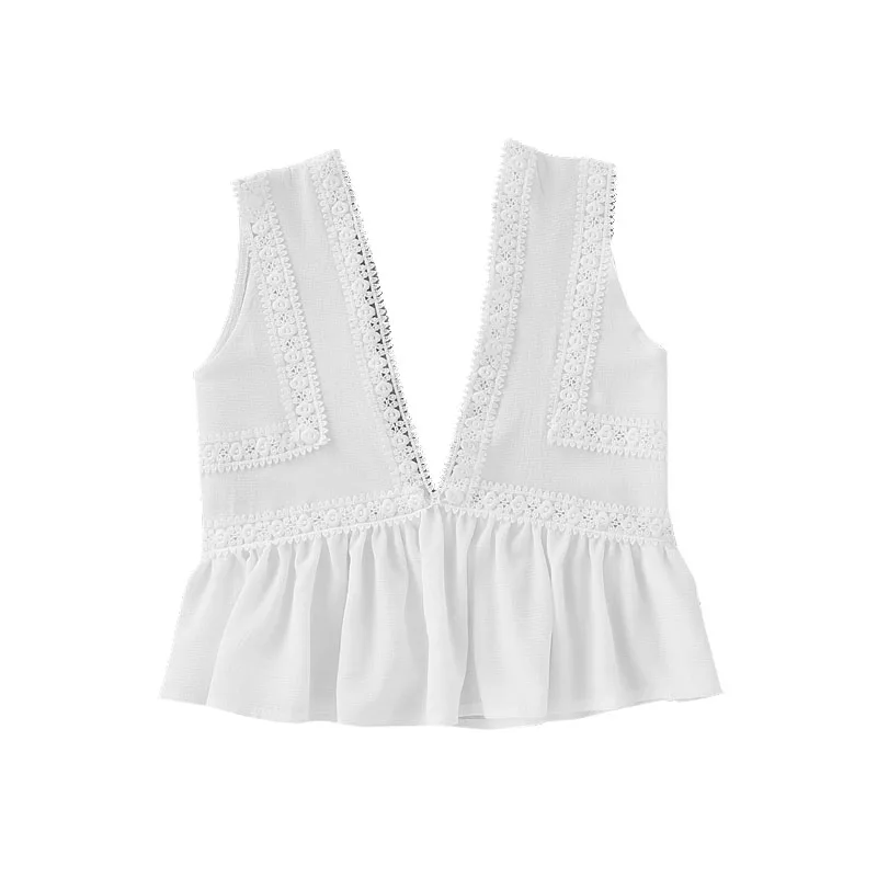 COLROVIE погружающийся V-Neck кружевной Обрезной жабо подол Топ Белый контрастный кружевной гофрированный подол Женский Топ Глубокий v-образный вырез укороченный жилет