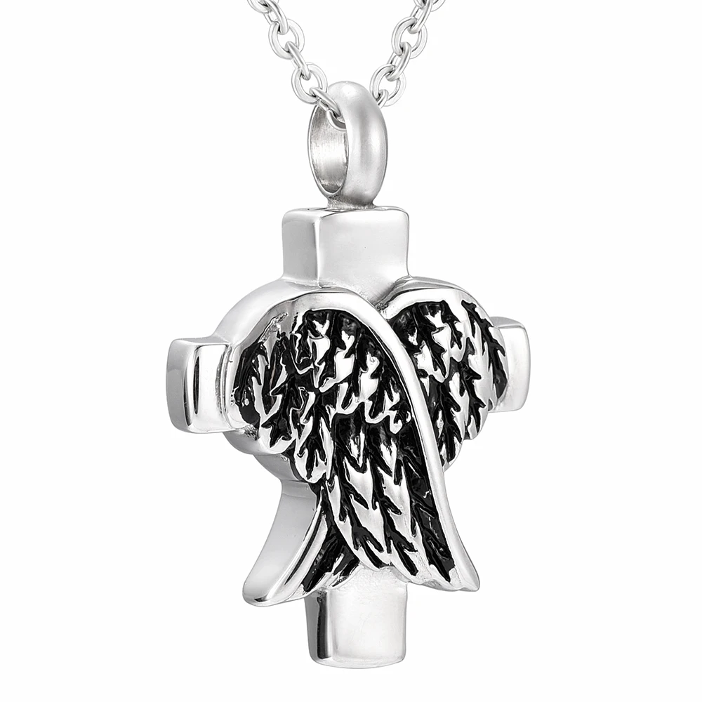 

IJD8168 Wings Cross Memorial Keepsake Ash Necklace Stainless Steel Cremation Ashes Urn Funeral Pendant Necklace Bulk Price