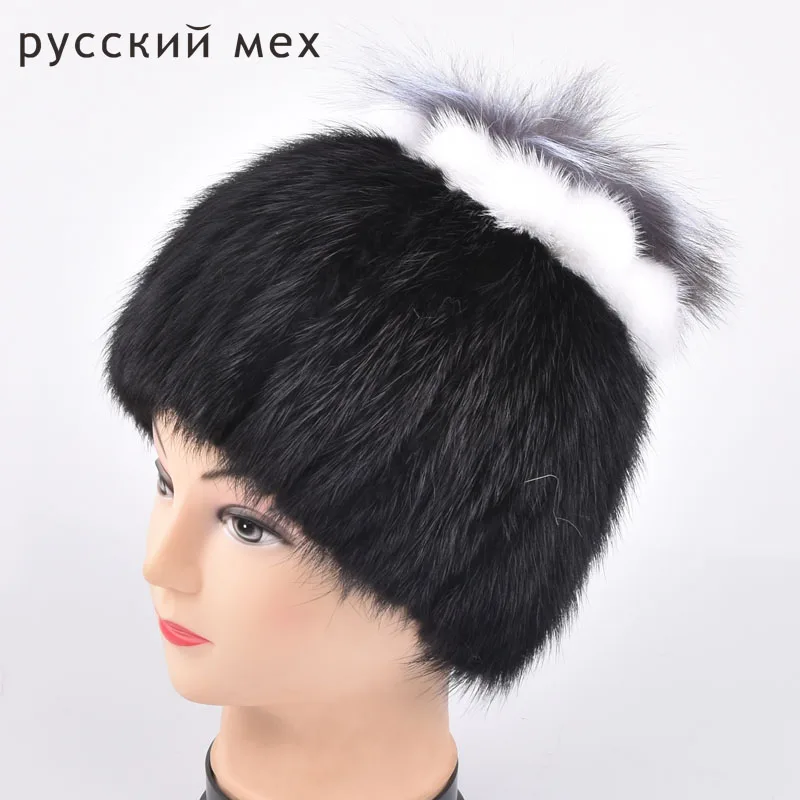 Зимняя меховая шапка женская из натуральной норки с лисьим мехом цветком вязаная