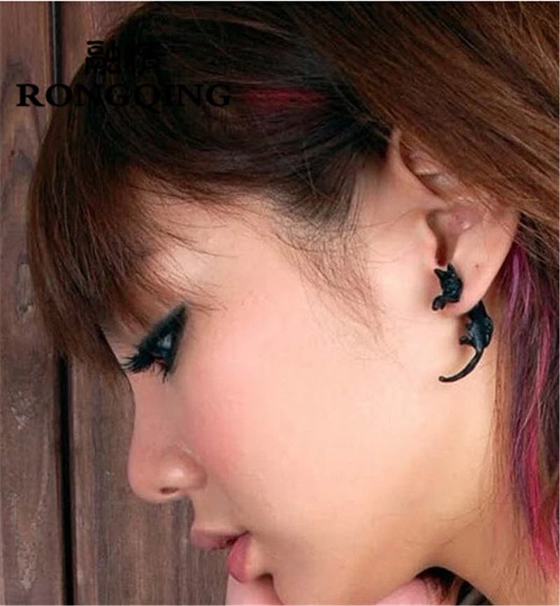 RONGQING 1 пара 3D Черный кот серьги букле D Oreille панк готический серьги для Для мужчин и Для женщин Oorbellen сережки клипса в нос
