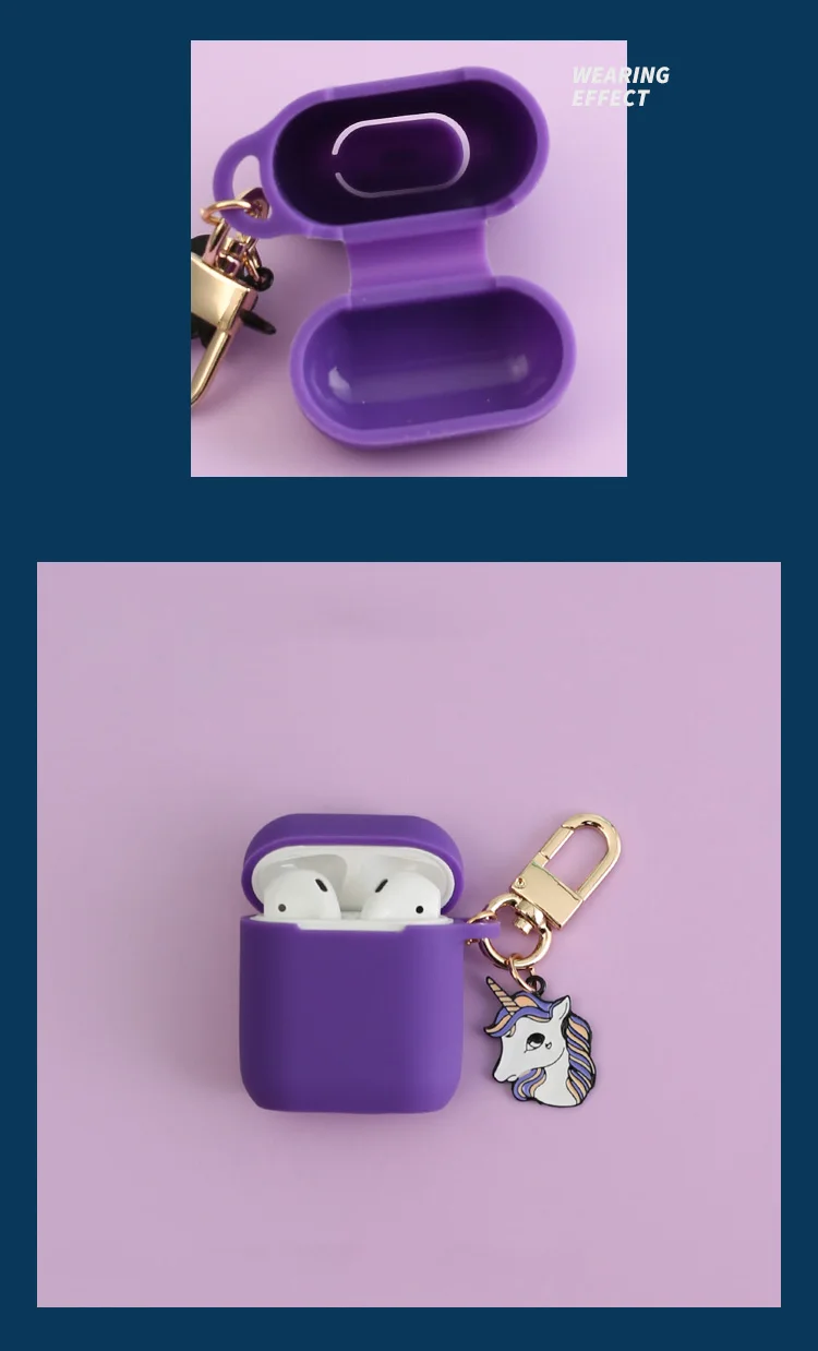 Милый Фиолетовый Unicorm кулон для Apple airpods беспроводной кейс для bluetooth-гарнитуры наушники силиконовый чехол для девочки чехол против потери
