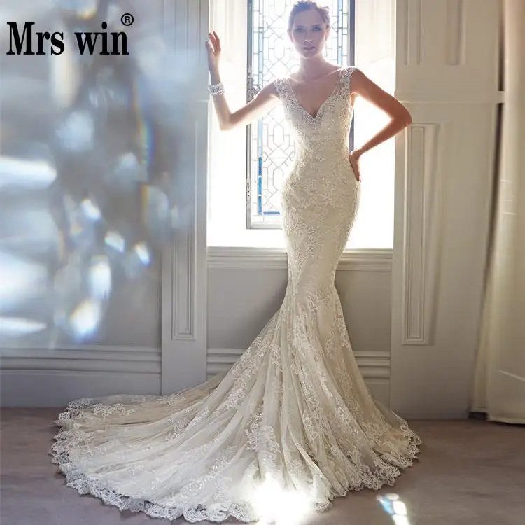 Vestido De Noiva 2019 г. Mrs Win сексуальное платье с v образным вырезом и шлейфом на молнии