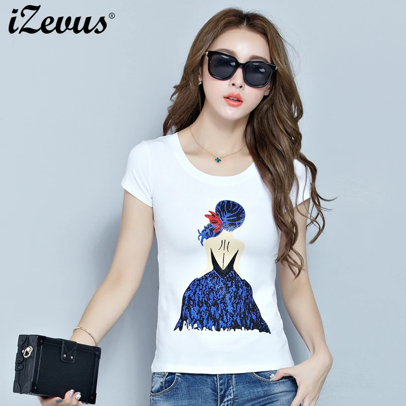 iZevus Summer Short Sleeve Rhinestone Printed Tee Sexy Girls Round Neck Fashion Cotton T-shirt Graphic Tops Shirt | Женская одежда