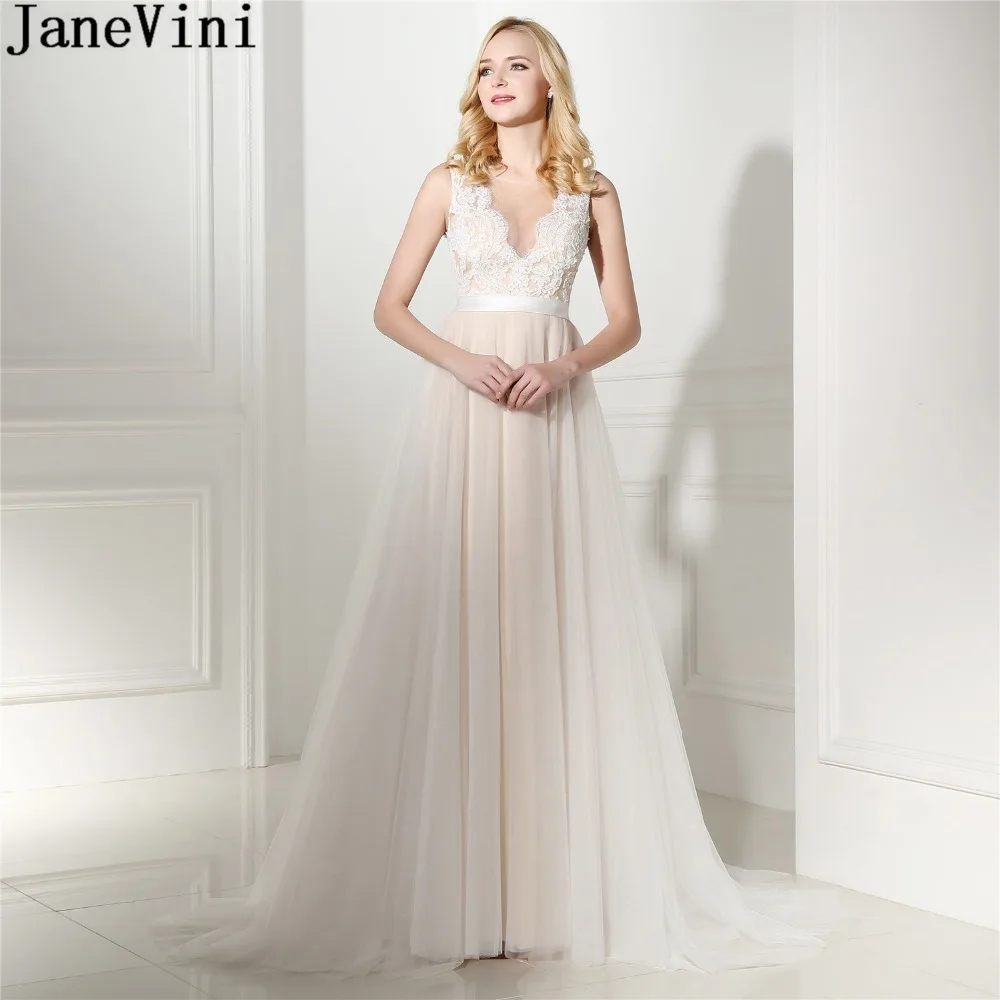 

JaneVini Elegant White Lace Champagne Satin Prom Dresses Long Sweep Train Tulle Wedding Bridesmaid Party Dress Pearls Gown 2018