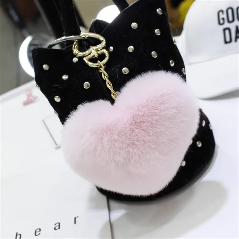 Women's Fashion Cute Fluffy Heart Keychains Pom Poms Rex Rabbit Fur Key Chains Girl Bag Hang Car Ring Jewelry Accessories | Украшения и