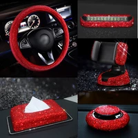 red rhinestone car interior accessories for women diamond steering wheel cover crystal car mount holder keychain tissue box deco