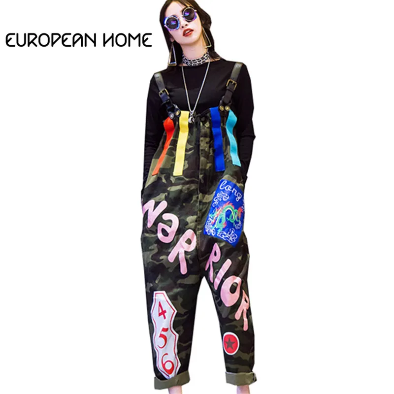 Женский камуфляжный комбинезон свободные повседневные штаны шаровары с