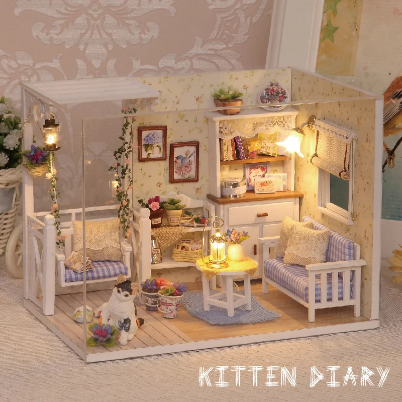 

Miniature Dollhouse Furnitures wooden toy DIY Doll House Miniature Room Cute Cat House For Dolls Birthday Gift Toys For Children