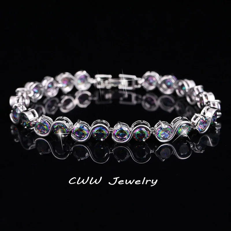 CWWZircons-Pulseras con forma de S para mujer, brazaletes de corte redondo, piedra de cristal mística, arcoíris Natural, fuego, CB148