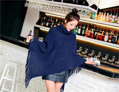 Navy Poncho Осень зима шаль с отложным воротом Пальто женские пончо и накидки бежевый черный красный Пончо Топы Большой размер вязаный пашмины шарфы для женщин - Цвет: Navy Poncho