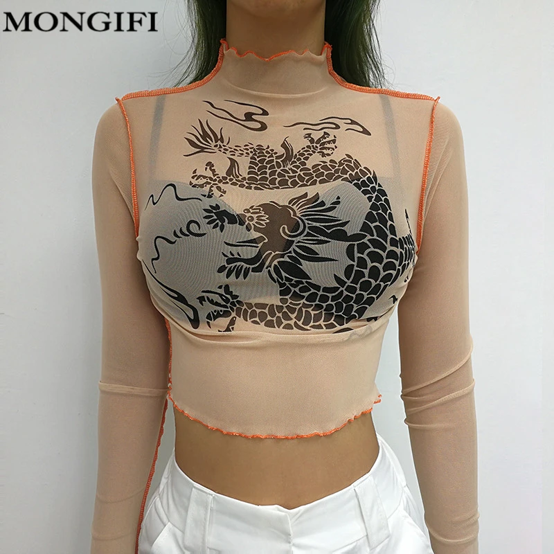 MONGIFI Черный Дракон печатных футболка Femme пикантные Перспектива с длинным рукавом