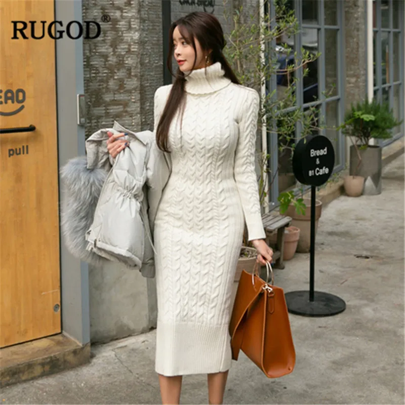 RUGOD, вязаное женское длинное платье, элегантное, модное, с высоким воротом, скрученная вязка, тонкий свитер, платье для женщин, зимнее, макси, облегающее платье