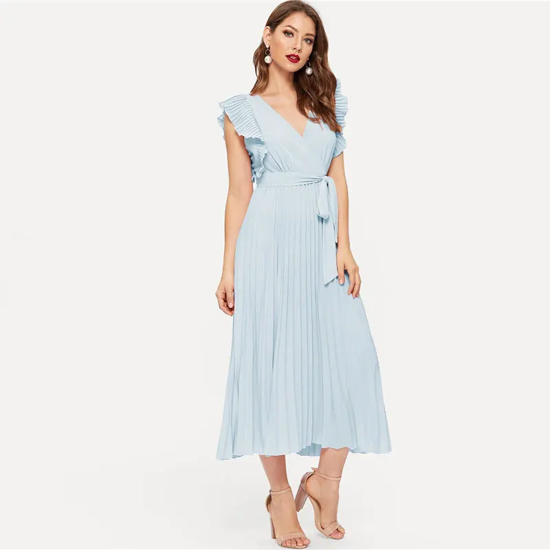 SHEIN Плиссированное Платье С Оборками И Поясом Женское Летнее Элегантное Платье С Высокой Талией И V-Образным Вырезом