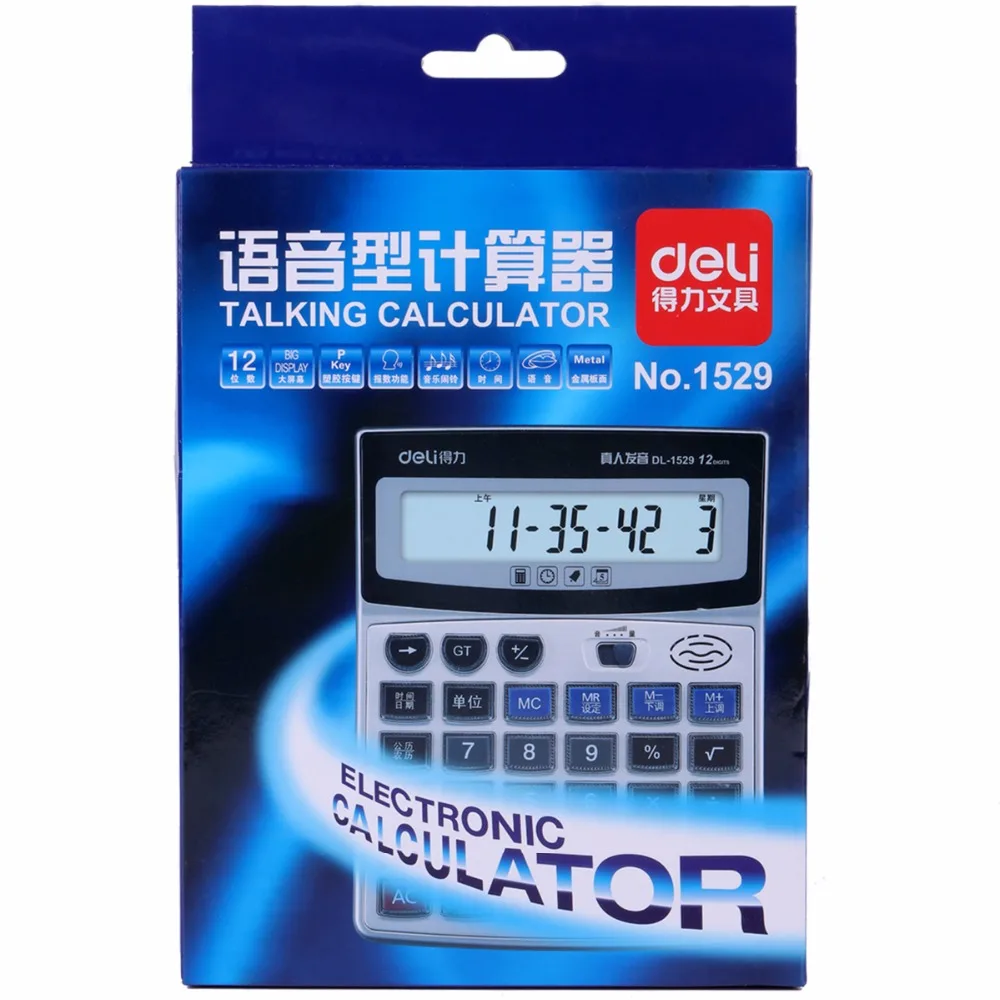 

Deli 1pcs 12 Digit Display Desktop Calculator Battery Powered Big Voice with Clock Business Calculator Office Supplies
