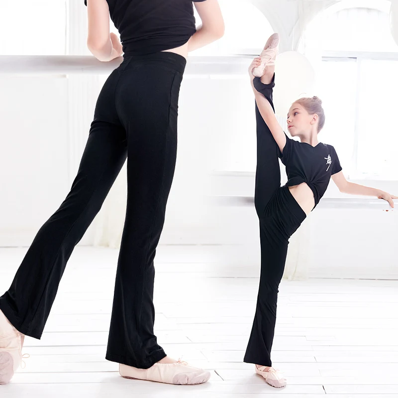 Girls Casual Black Pants Flare Trouser Cotton Gymnastics Fitness Ballet Dance Pants For Children