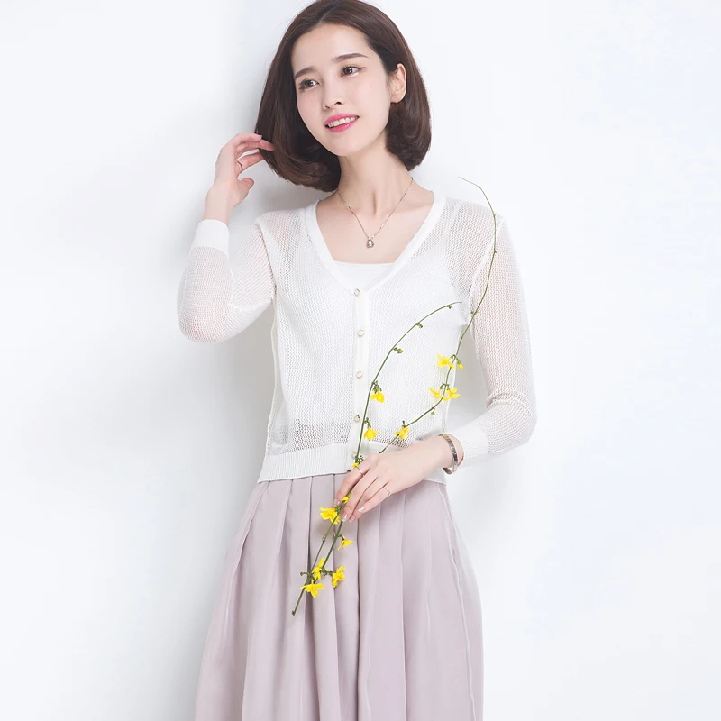 SZDYQH Summer Hollow Out Beach Cool Cardigans Women Half Sleeve Sweater Knitted V-neck New Crochet Femme Casual Ladies Tops |