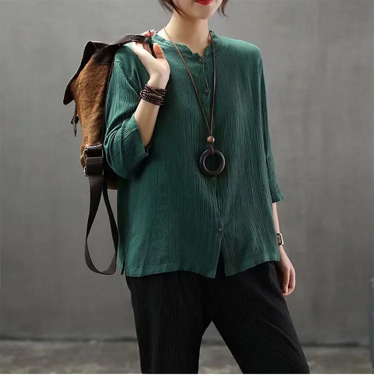 Cotton Linen Shirt Women Loose Full Sleeve Solid Color Casual Retro Cardigan Female Spring Tops And Blouses Camisas Mujer 2021 | Женская