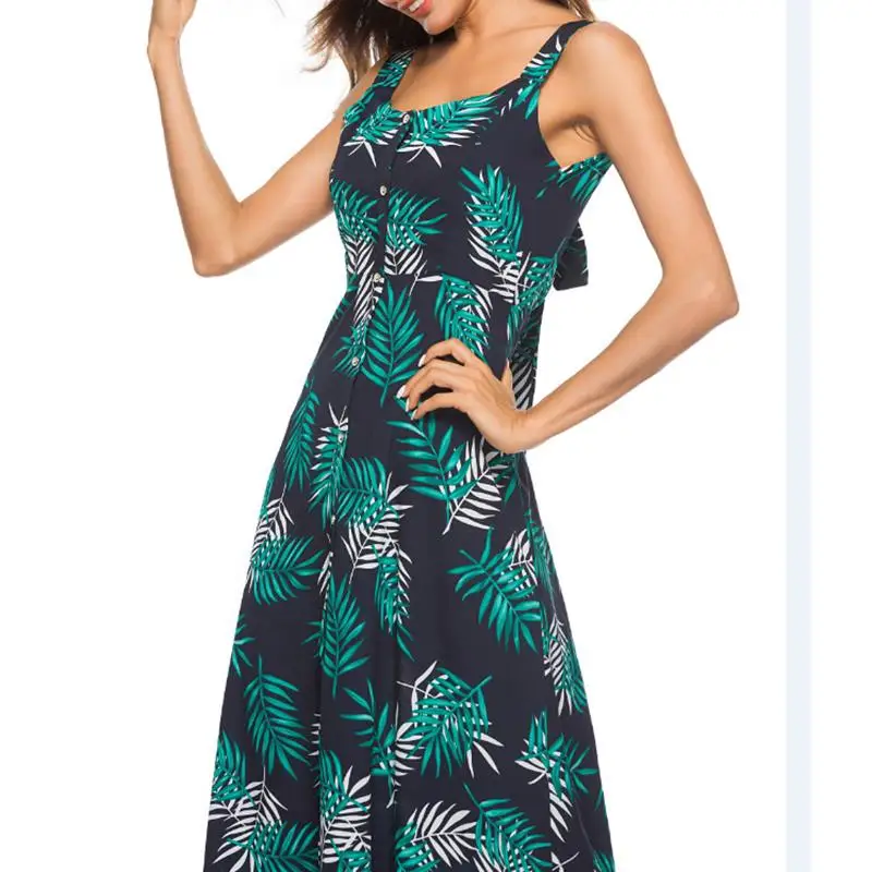 Летнее платье без рукавов тропических печатных Повседневное Макси платья Boho