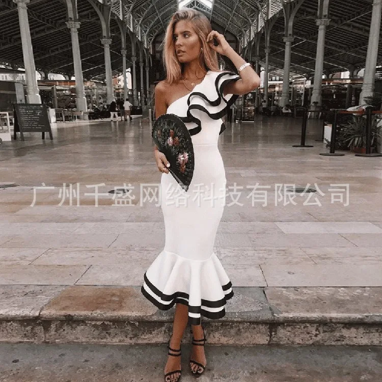 Для женщин Бандажное платье 2019 белое на одно плечо с оборками Русалка Свадебные