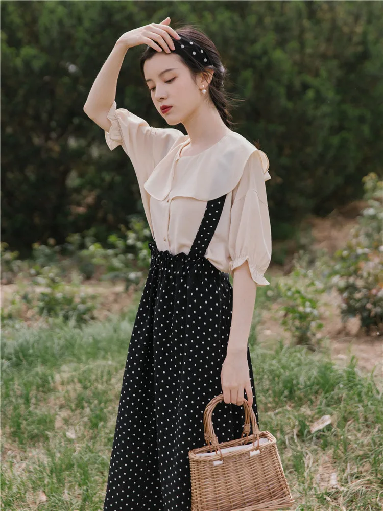 Женский комплект из 2 предметов юбка и подтяжки в горошек с воротником форме