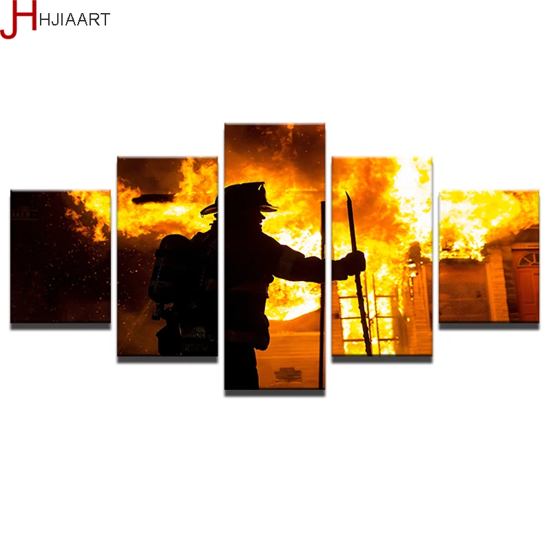 

Canvas Painting Printed Wall Art Modern Fireman Pictures 5 Pieces Home Decor Fire Fighter Warrior Landscape Poster Frame