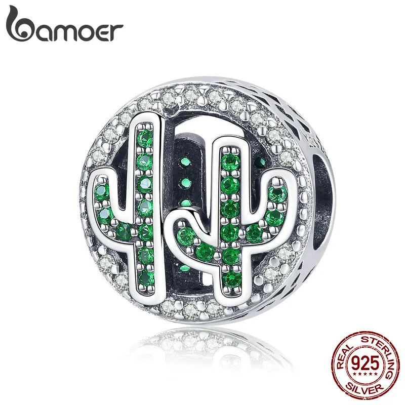 

BAMOER Trendy New 925 Sterling Silver Cactus Plant Green CZ Cubic Zircon Charms Beads Fit Bracelets Jewelry Making SCC918