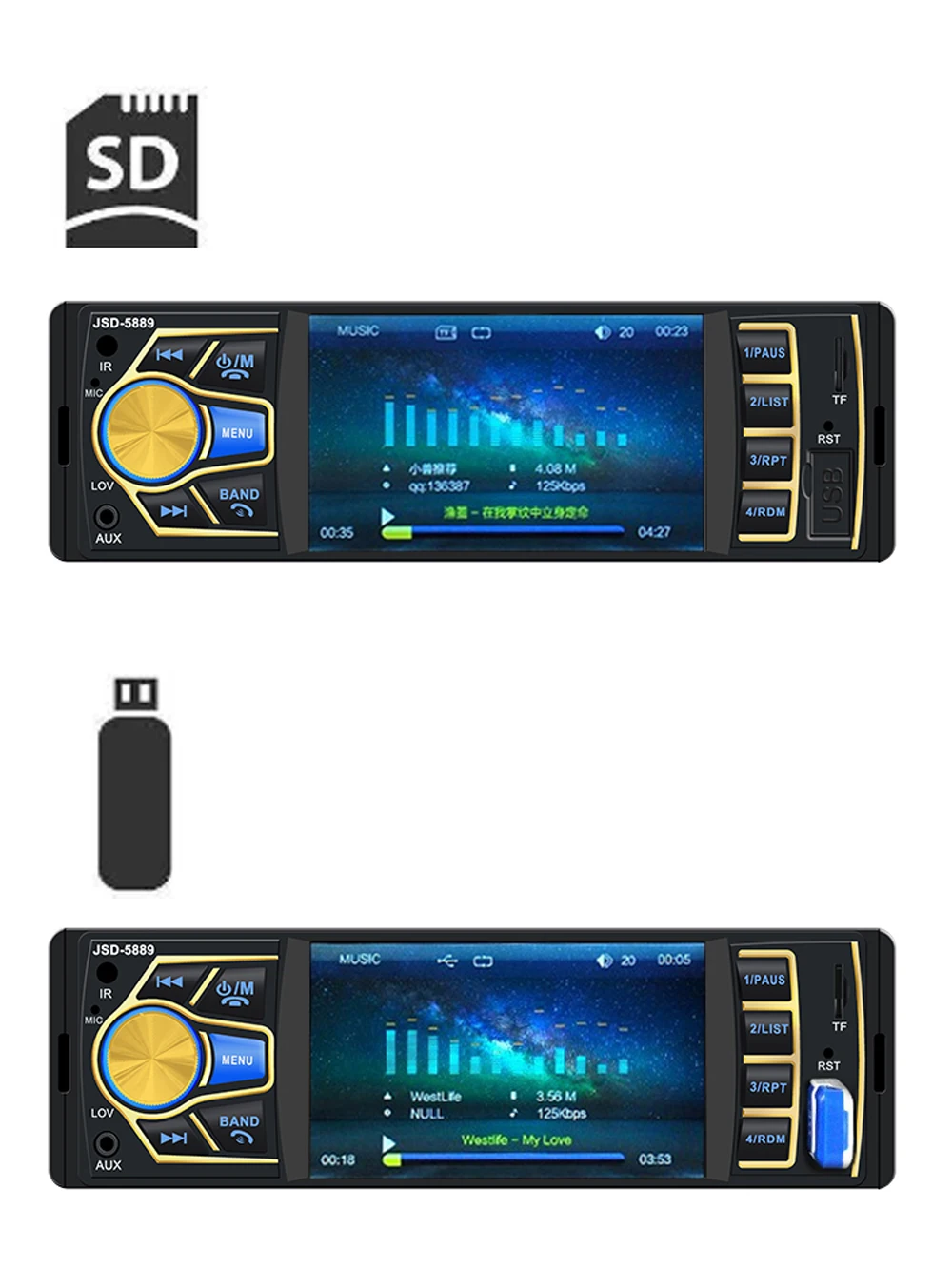 Bluetooth AUX Авторадио 1 Дин радио MP5 плеер 4 дюймов Экран Панель FM/MP5/USB с 4LED заднего вида