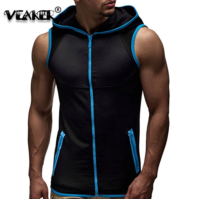 

2020 New Hot Mens Fitness tank tops Sleeveless Hooded Sweatshirts Male Gyms Zipper Hooded Tanks patchwork bodybuilding t shirt