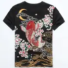Футболка унисекс в японском стиле Ukiyoe, летняя Этническая футболка высокого качества с вышивкой карпа и рыбы, топы, модные футболки, Бесплатная доставка