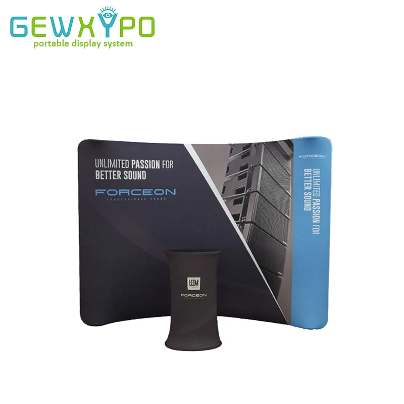 

Expo Pop Up Booth 10ft Curved High Stretch Banner Display Wall With Advertising Graphics Printing And Portable Fabric Oval Table