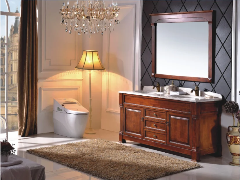 Деревянный классический шкаф для ванной комнаты резной дизайн с мраморной