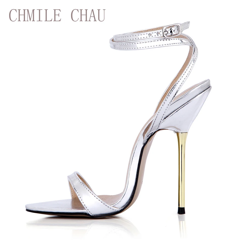 CHMILE CHAU/Серебристые пикантные модельные туфли для вечеринок; женские туфли на высоком каблуке-шпильке; выразительные женские босоножки с ремешком на лодыжке; zapatos mujer; 3845-i2